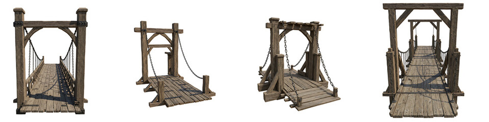 Fototapeta premium Wooden Rope Suspension Bridge Set on Transparent Background
