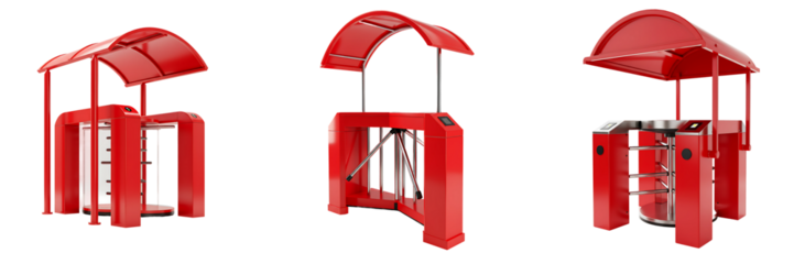 Red Turnstile Entry Gates with Canopy on Transparent Background

