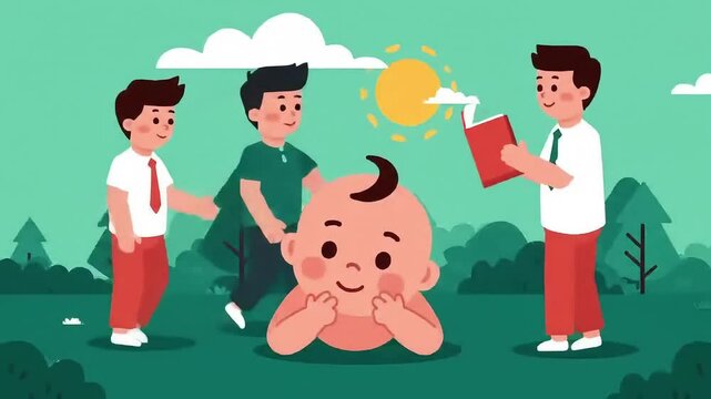 A vector cartoon illustration of a smiling bride and groom, a man and a woman, at their wedding ceremony, with elements of love and fun for all people