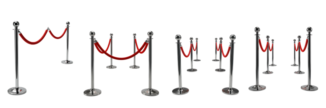 Red Velvet Ropes with Stanchions on Transparent Background

