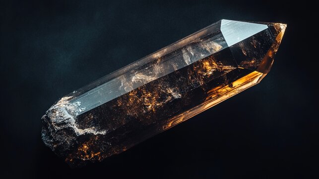A single goethite crystal with a dark brown to black color and a silky luster. The crystal is needle-like in shape, with smooth surfaces and sharp edges. The background is dark