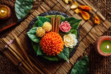 Fototapeta premium Top Down View of Handcrafted Krathong Decorated with Flowers and Leaves