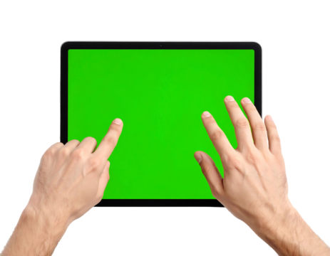 Hands Using Tablet with Green Screen on Transparent Background