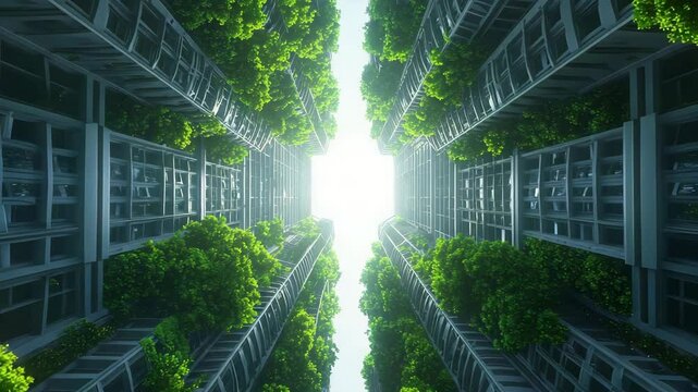 nature conservation concept. Tall modern buildings rise around a central courtyard filled with vibrant green trees, viewed from below toward a bright sky.