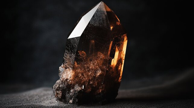 A single goethite crystal with a dark brown to black color and a silky luster. The crystal is needle-like in shape, with smooth surfaces and sharp edges. The background is dark