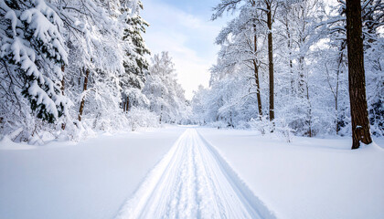 Obraz premium Snowy Forest Path with Tracks