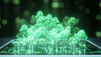 nature conservation concept. A glowing digital hologram of a forest emerges from a tablet, blending technology with nature in a futuristic style. - Powered by Adobe