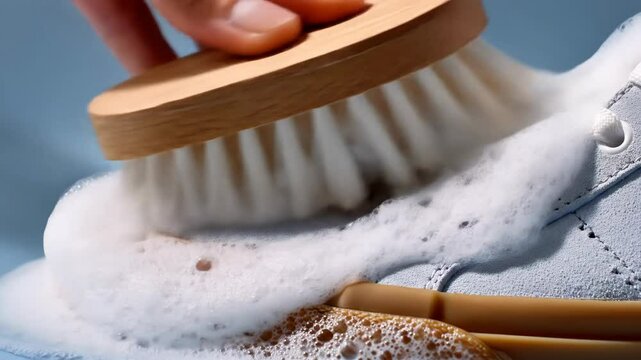 Close up view of brush cleaning white canvas shoes with soap and bubbles. Shoe cleaning concept and maintenance illustration idea.