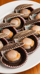 A plenty of opened scallop shells on a plate,