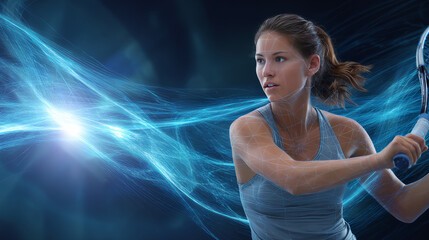 Young woman playing tennis in action, futuristic style