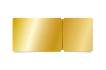 Golden ticket. Gold coupon, sticker or discount tag mockup isolated on white background. Cinema, theater, concert, party, event, festival invitation entrance.