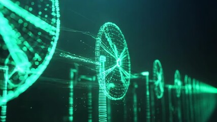 nature conservation concept. A futuristic digital illustration of wind turbines composed of glowing green data points and networks, symbolizing technology and clean energy. - Powered by Adobe