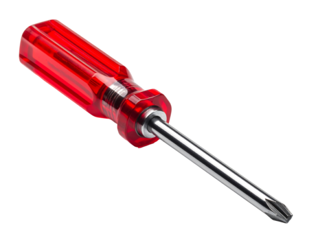 Red Handheld Flat-Head Screwdriver with Chrome Shaft - Powered by Adobe