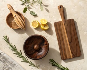 A rustic kitchen flatlay features a wooden bowl, cutting board, lemon juicer, and fresh herbs