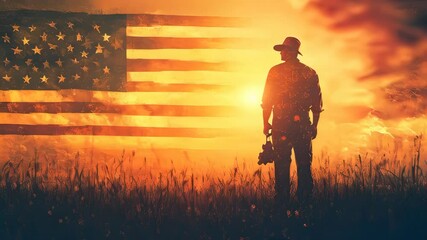A silhouette of a cowboy stands proudly with the American flag at sunset. - Powered by Adobe
