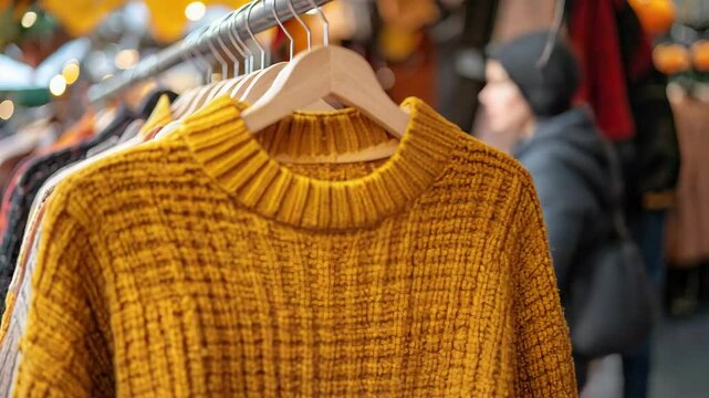 Warm knitted sweaters hanging on wooden hangers in fashion store.