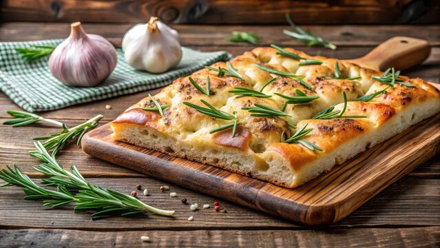 Crusty Italian focaccia bread topped with fragrant rosemary sprigs and minced garlic, on a rustic wooden cutting board, wooden cutting board, garlic