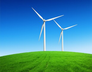 Fototapeta premium Wind Turbines on Green Hill under Blue Sky, Renewable Energy Landscape, Eco-Friendly Power Source, Clean Wind Farm Technology