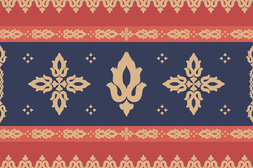 Traditional Thai textile vector pattern with lotus motif in red, navy, and gold tones. Seamless ethnic fabric design for cultural, boho, or decorative projects.