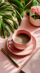 Pink coffee cup sits on a pink saucer, accompanied by a green pen, a notebook, and a potted plant, all bathed in soft sunlight filtering through monstera leaves