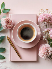 Coffee cup sitting on pink notebook with pink flowers, eucalyptus leaves, and gold pen on marble table, representing a feminine workspace or morning routine