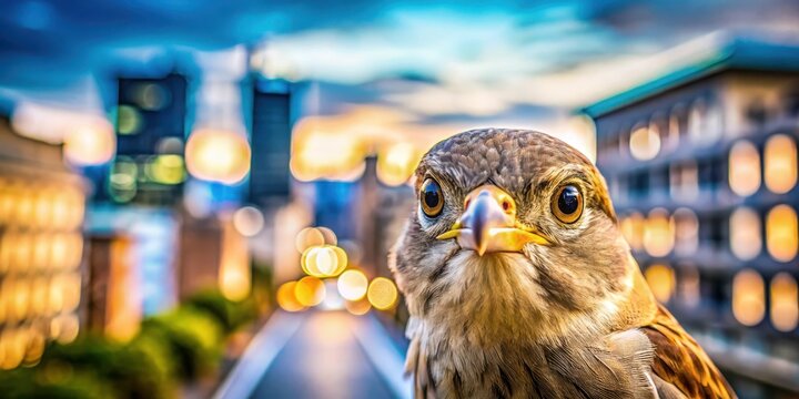 Bird gazing intently at the camera with a slight tilt of its head and curious eyes, set against a blurred background of urban scenery, avian, nature