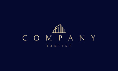 Vector golden logo with an abstract image of a modern cottage in a minimalistic style.