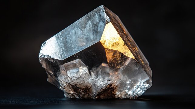 A single antimony crystal with a silvery-white color and a metallic luster. The crystal is rhombohedral in shape, with smooth surfaces and sharp edges. The background is dark