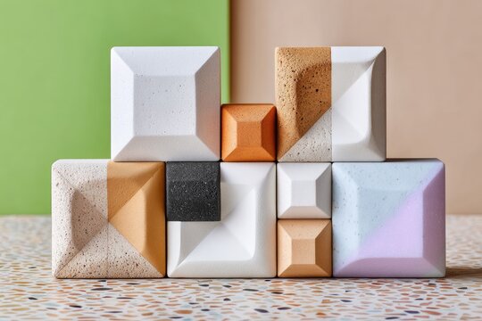 Geometric Cubes in Faded Olive Cream and Clay Tones