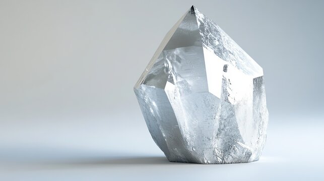 A single tellurium crystal with a silvery-white color and a metallic luster. The crystal is trigonal in shape, with smooth surfaces and sharp edges. The background is neutral