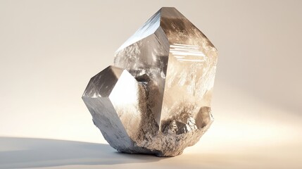 A single tellurium crystal with a silvery-white color and a metallic luster. The crystal is trigonal in shape, with smooth surfaces and sharp edges. The background is neutral