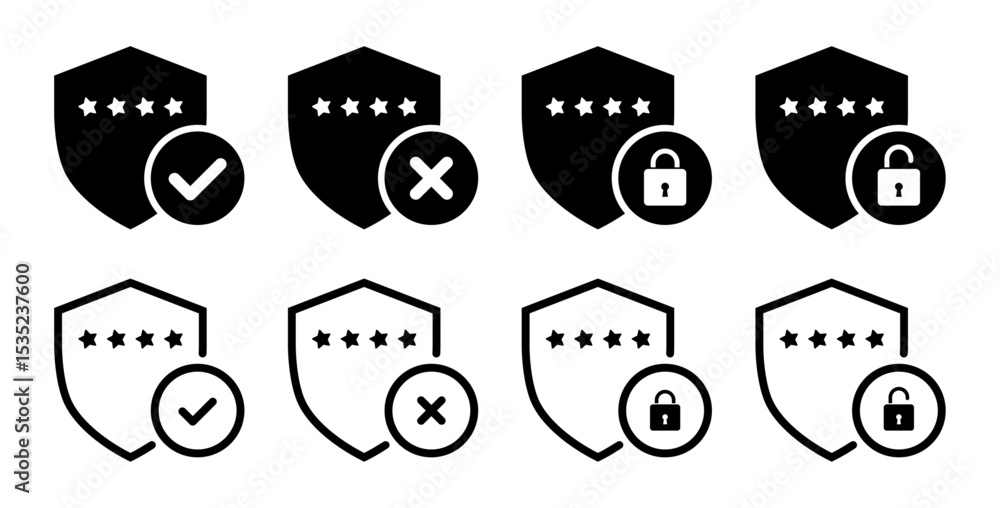 Poster password protection icons with shield, checkmark, cross, locked and unlocked padlock symbols. hidden