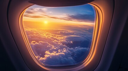 Airplane window view showcasing a breathtaking sunset over fluffy clouds, with warm golden light illuminating the sky, creating a serene and tranquil atmosphere during flight