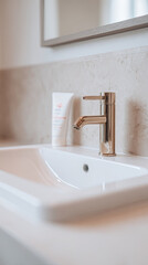 Modern bathroom sink with shiny faucet and cream tube