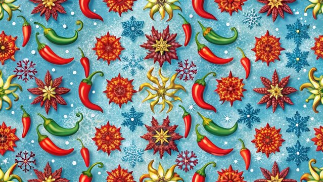 Colorful spicy winter seamless pattern featuring snowflakes and hot peppers, snowy, winter wonderland,  snowy