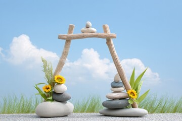 Field Altar Crafted From Stones and Adorned With Sunflowers in a Serene Landscape Under Blue Skies