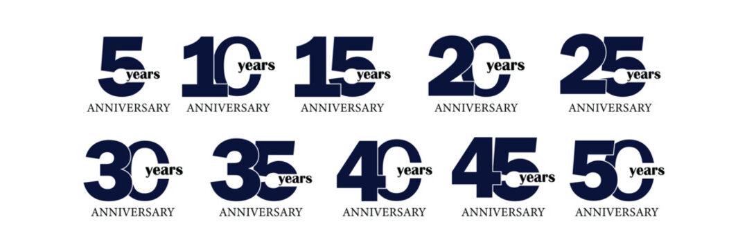 Set of 5 to 50 Years Anniversary Celebration logotype. birthday celebration emblem design for booklet, leaflet, magazine, brochure poster, web, invitation or greeting card. Vector.
