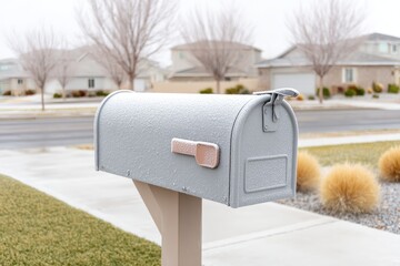 Snow Blankets Mailbox and Landscape in a Serene Suburban Neighborhood During Winter Storm