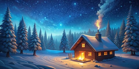 Naklejka premium Snowy cabin with wooden fireplace and stars in night sky isometric illustration, stars, forest, stars, forest