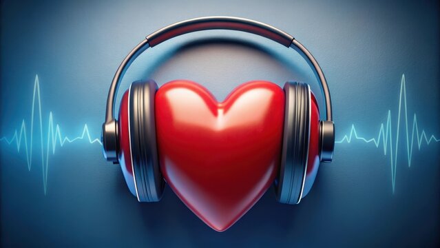 A close-up of a heart with sound waves surrounding it, headphones resting on its surface, music, audioheadphones