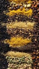 Colorful array of various spices and herbs.