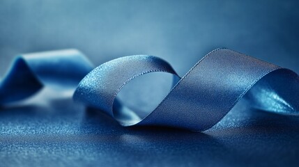 Blue satin ribbon elegantly twisted on a textured surface, showcasing its glossy sheen and smooth fabric, perfect for decorative purposes and creative projects