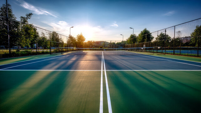 Tennis court is empty in luxury villa complex for sports games, competitions and great time for healthy lifestyle