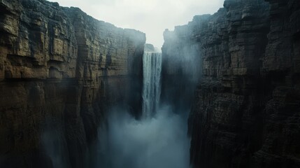 Fototapeta premium A towering empty waterfall crashing down into a deep gorge, surrounded by untouched cliffs and mist rising above the basin