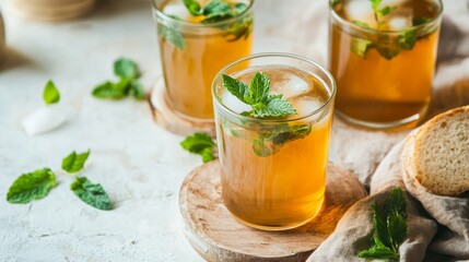 Refreshing iced tea served in clear glasses with fresh mint leaves, placed on wooden coasters, surrounded by green mint sprigs and soft linen, creating a cozy beverage scene