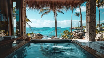 Obraz premium A luxurious spa overlooking the lagoon and palm trees, with a hot tub, modern interior, panoramic windows and exotic tropical landscape.