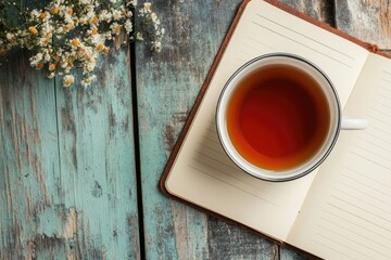 Premium Quality Picture of Top View Cup of Tea with Notepad