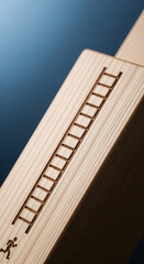 Obraz premium Close-up of light brown wood texture with engraved ladder and figure, symbolizing career growth and ambition, ideal for business or motivational concepts