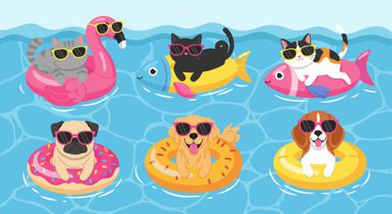 Cartoon Animals Swimming with Floats and Sunglasses in a Pool.