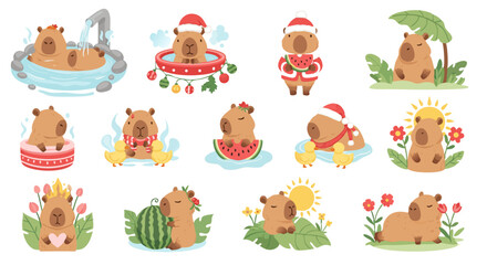 Capybara Characters in Various Festive and Relaxing Activities.